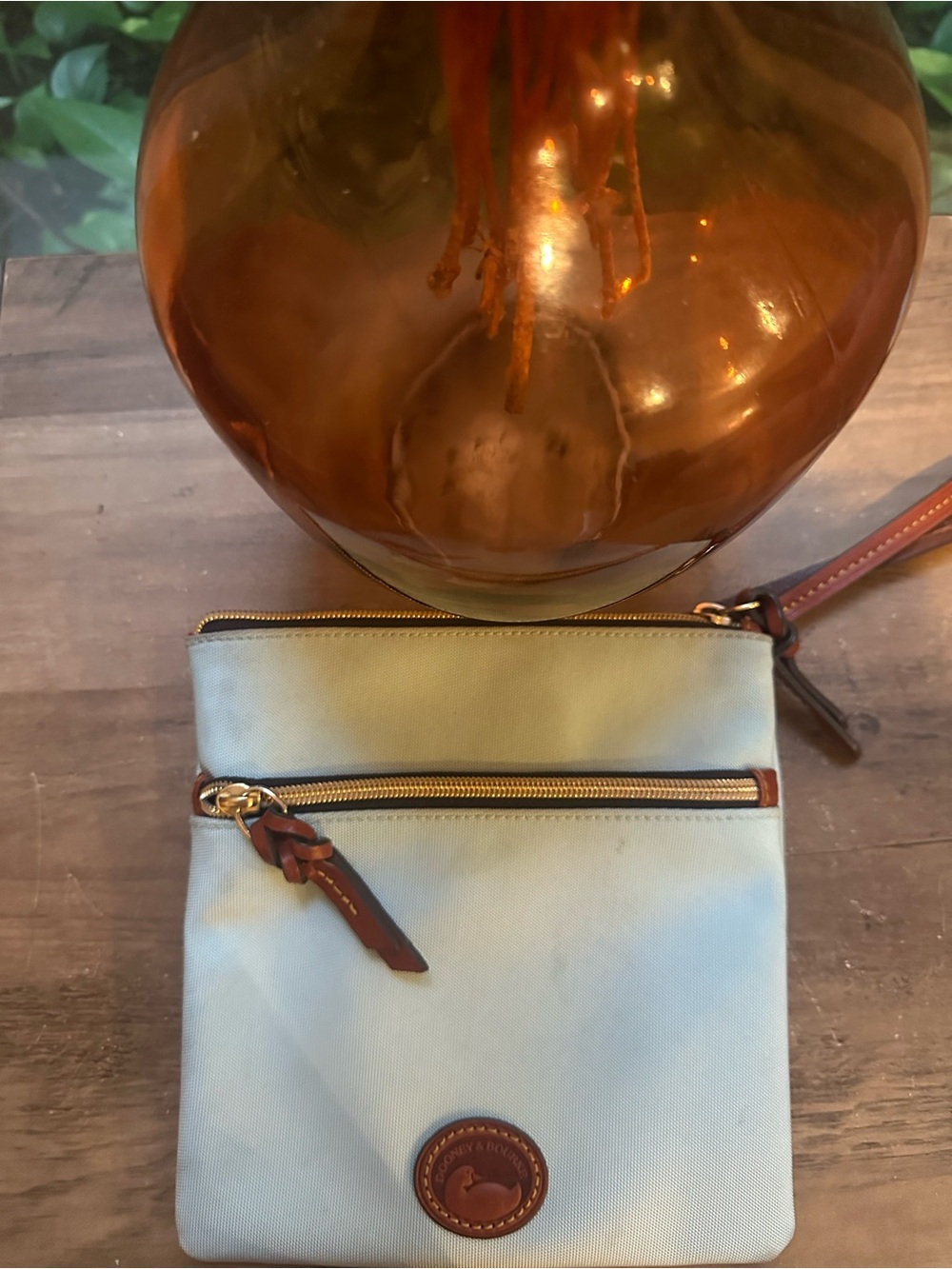Dooney & Bourke Light Blue Canvas Crossbody with Brown Trim